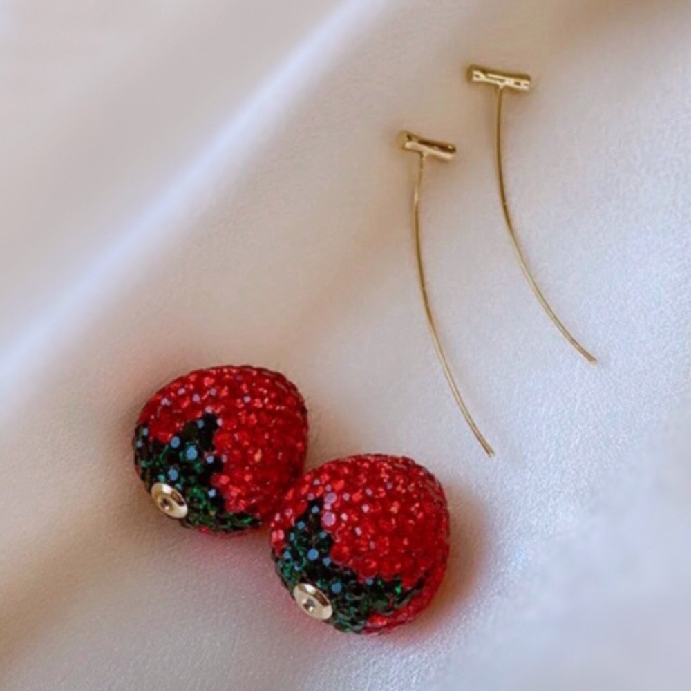 New Free People Strawberry And Stem Fruit Threader Dangle Earrings - Picture 10 of 15